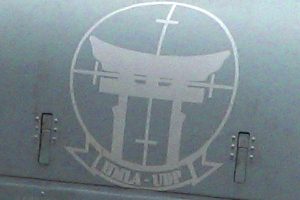 鳥居に銃の照準を合わせている米軍機のロゴ